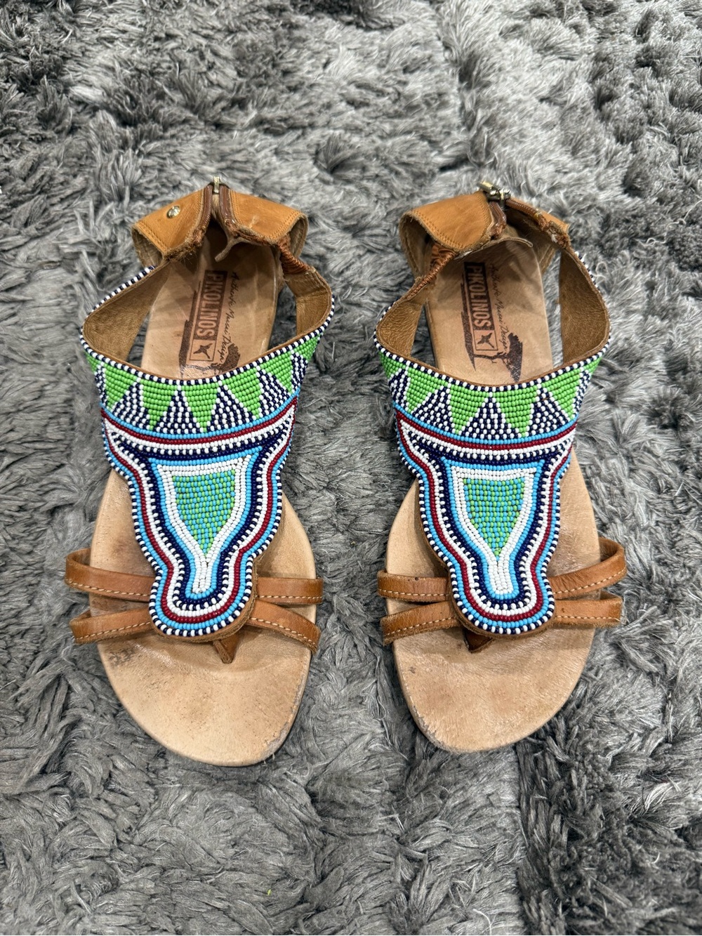 Pikolinos Maasai‎ Beaded Leather Flat Sandals Blue Red White Size 38
